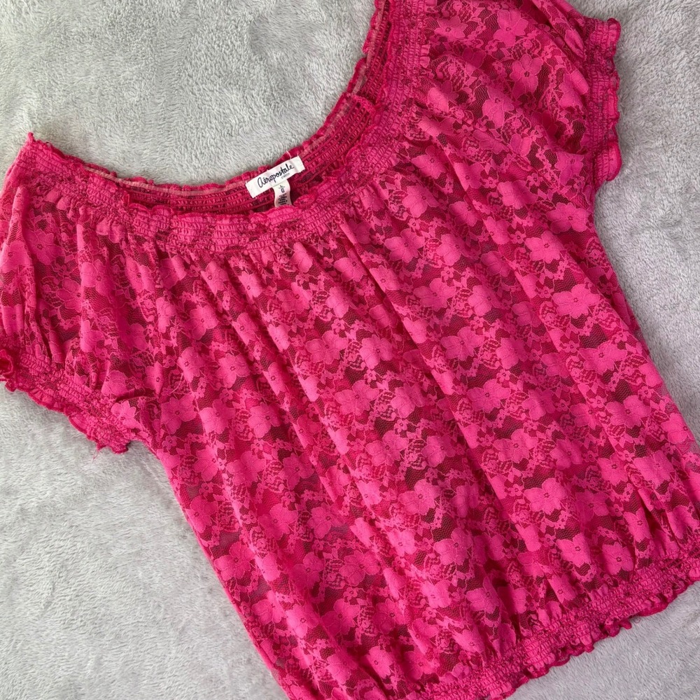Aéropostale Women Lace Stretch Off Shoulder Top‎ Size L Pink Floral Short Sleeve